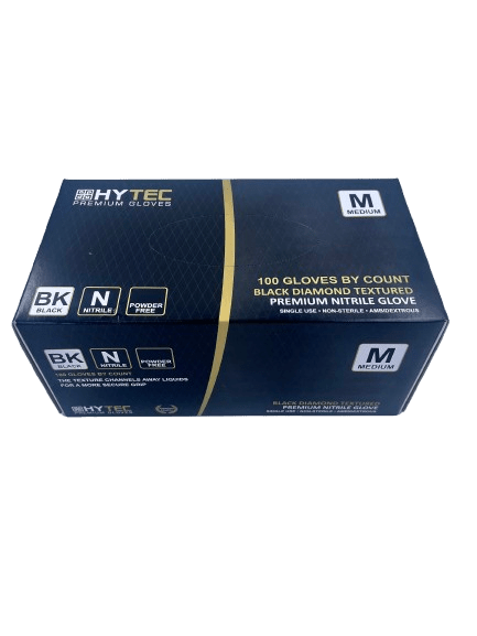 Hytec Black Textured Nitrile Gloves, Powder Free, Medium (100) - NZ Packaging