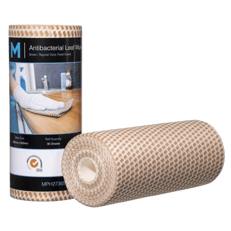M Brand Antibacterial Leaf Wipes Brown, 300mm x 500mm, 90 Sheets, 60gsm (4) Regular Duty - NZ Packaging