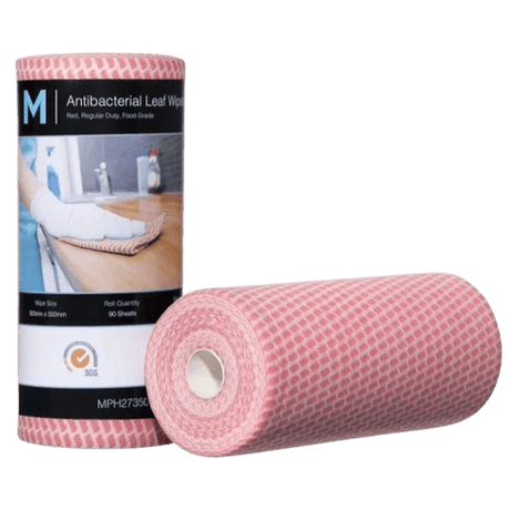 M Brand Antibacterial Leaf Wipes Red, 300mm x 500mm, 90 Sheets, 60gsm (4) Regular Duty - NZ Packaging