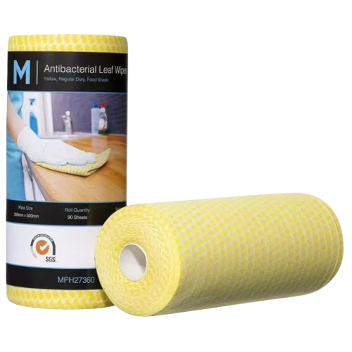 M Brand Antibacterial Leaf Wipes Yellow, 300mm x 500mm, 90 Sheets, 60gsm (4) Regular Duty - NZ Packaging