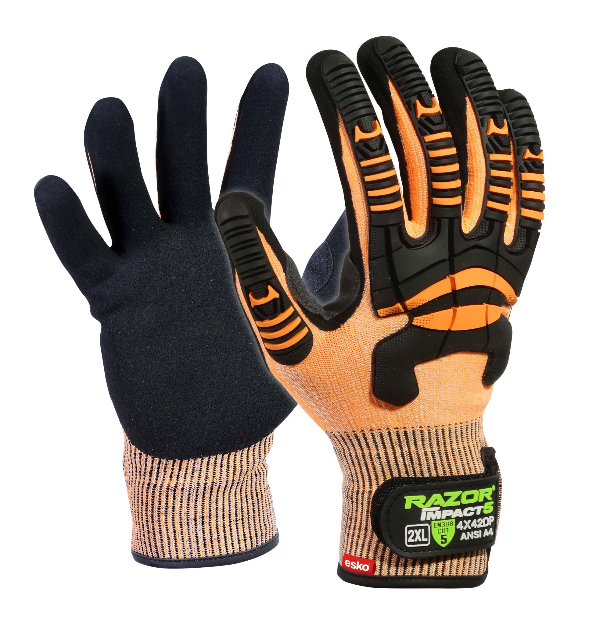 Orange Razor Impact5, Hi-Vis Uhmwpe Cut Level D, Black Sandy Nitrile Coating, Sonic Welded Tpr Impact Protection - NZ Packaging