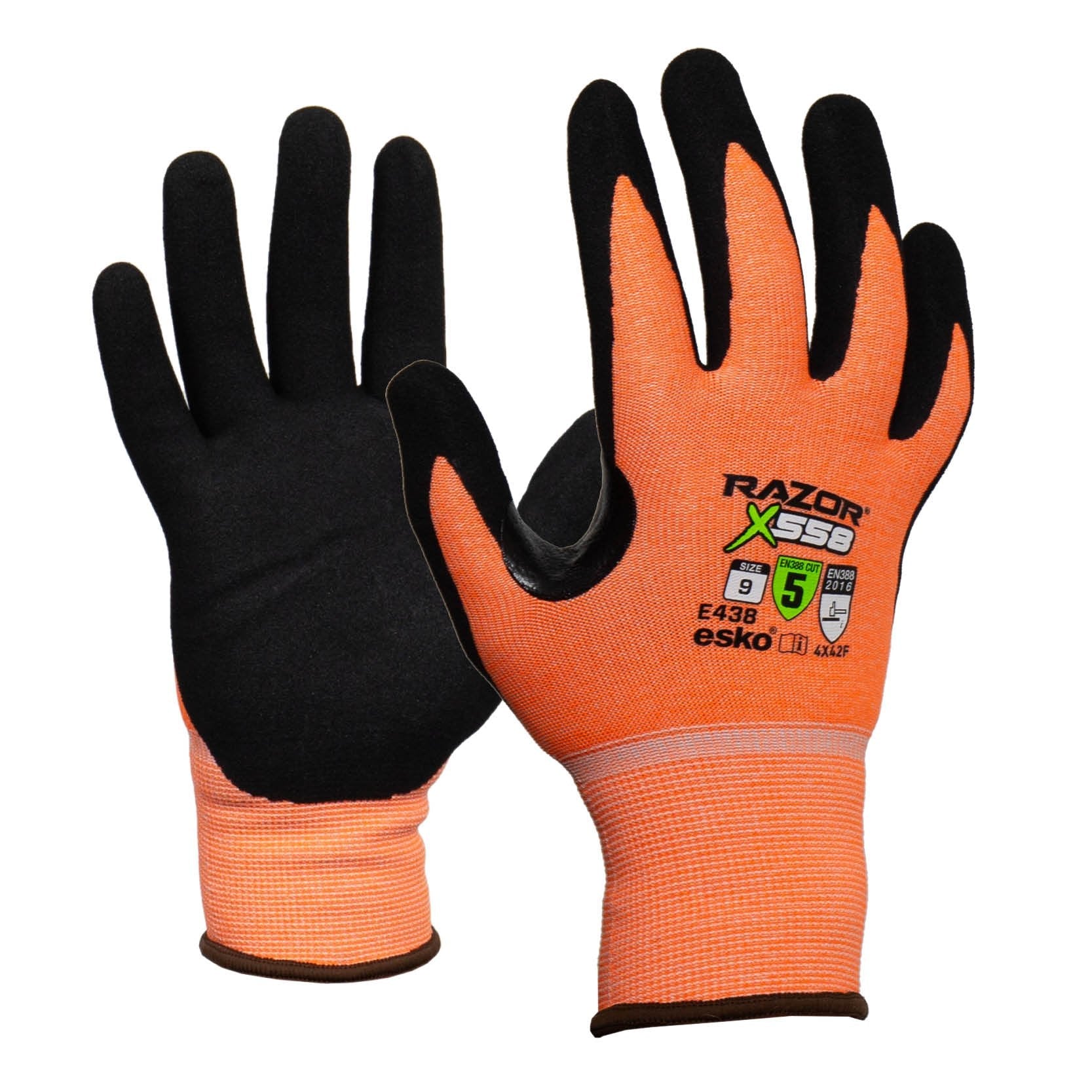 Orange Razor X558 Glove, Hi-Vis Orange Cut Level F, Black Nitrile Coating, Reinforced Crotch - NZ Packaging