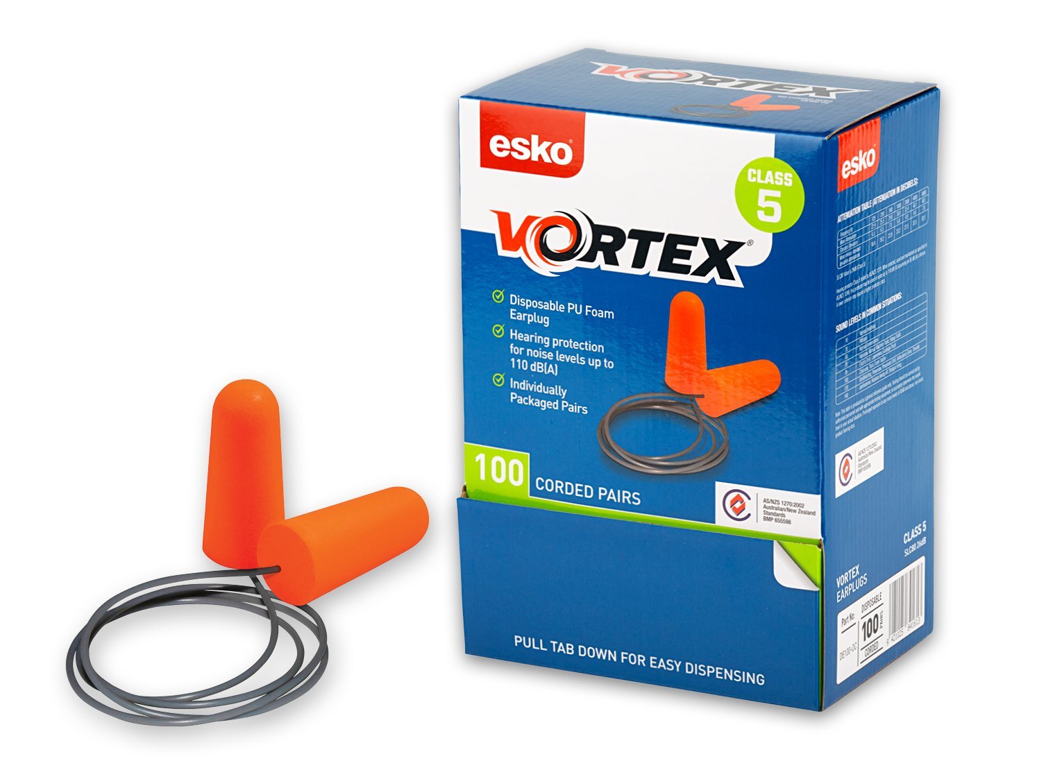 Orange Vortex Disposable Corded Earplugs, Class 5, 26db (Box 100 Pairs) - NZ Packaging