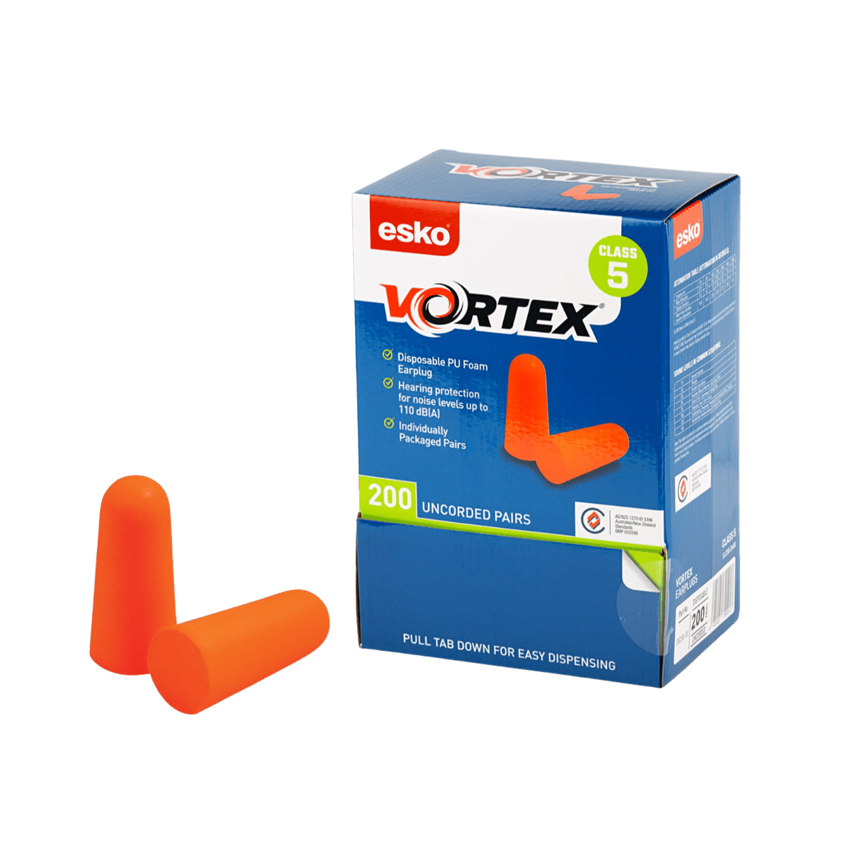 Orange Vortex Disposable Earplugs Foam Uncorded 26db Box 200 Pairs, Class 5 - NZ Packaging