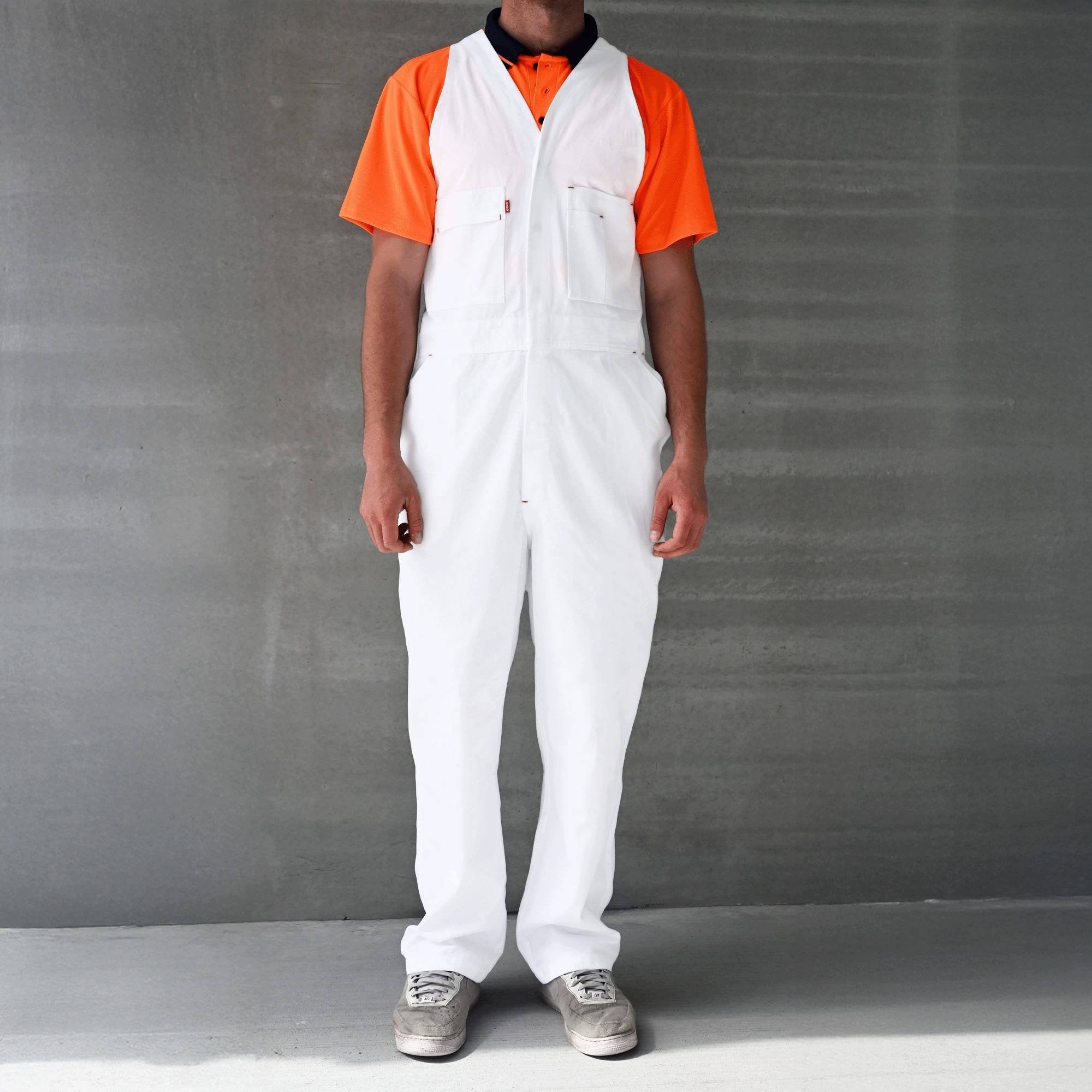 Painters Zip Cotton Overall, White, Six Pockets Plus Side Entry, Elasticated Shoulder Straps - NZ Packaging