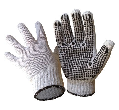 Polycotton Knit Gloves, Black Dots, White, Large - NZ Packaging