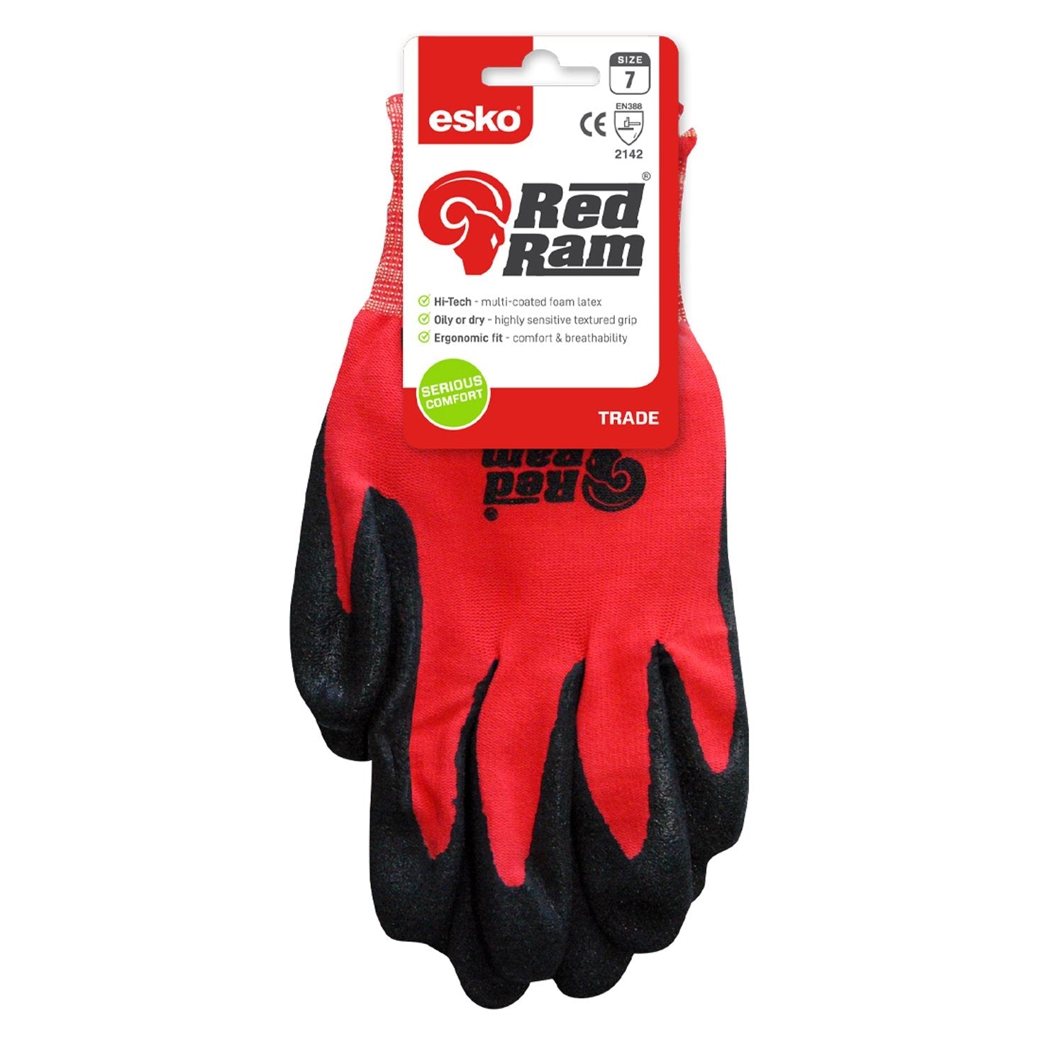 Red Ram Glove Header Carded, Red Polyamide With Black Sandy Latex Coating - NZ Packaging