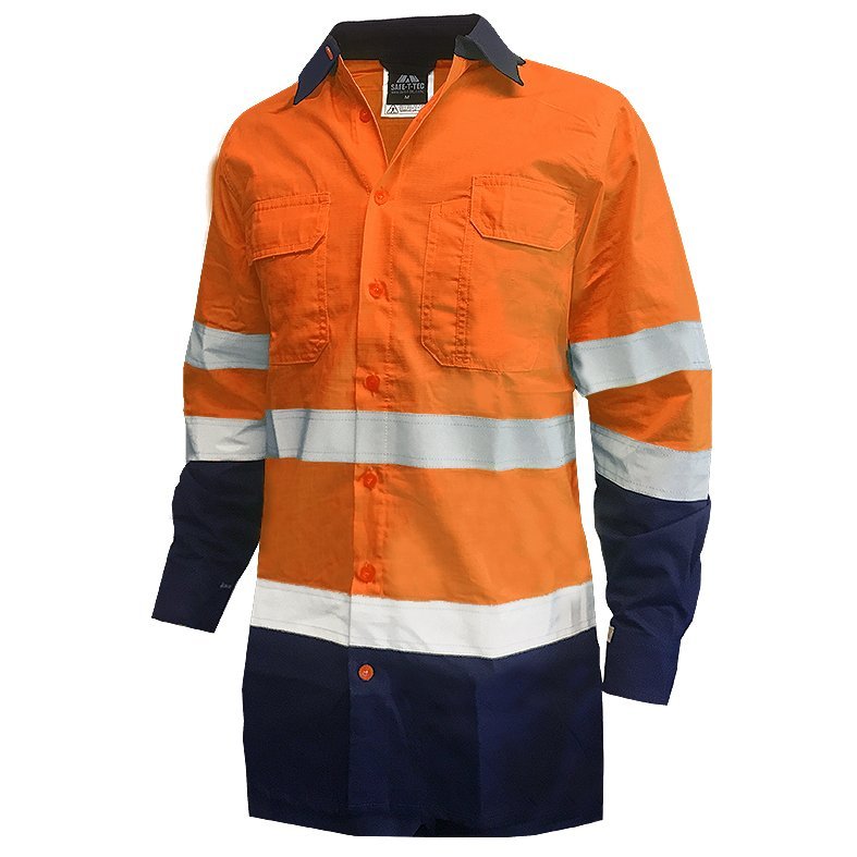 Rip Stop 155gsm Cotton Ls Shirt, D/N, Orange/Blue - NZ Packaging