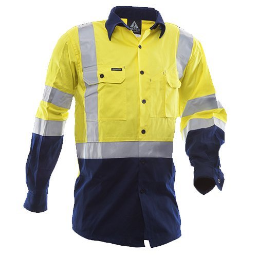 Rip Stop 155gsm Cotton Ls Shirt, D/N, Yellow/Blue - NZ Packaging