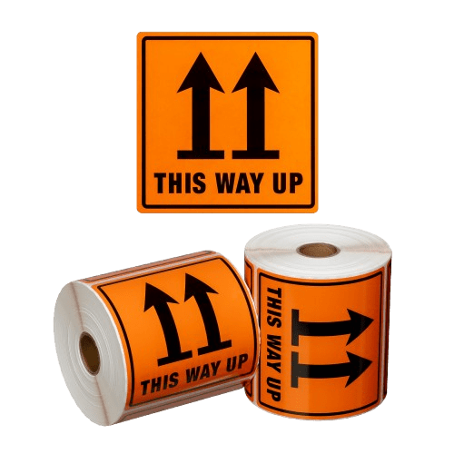 This Way Up Label, Orange and Black, 99mm x 99mm - NZ Packaging