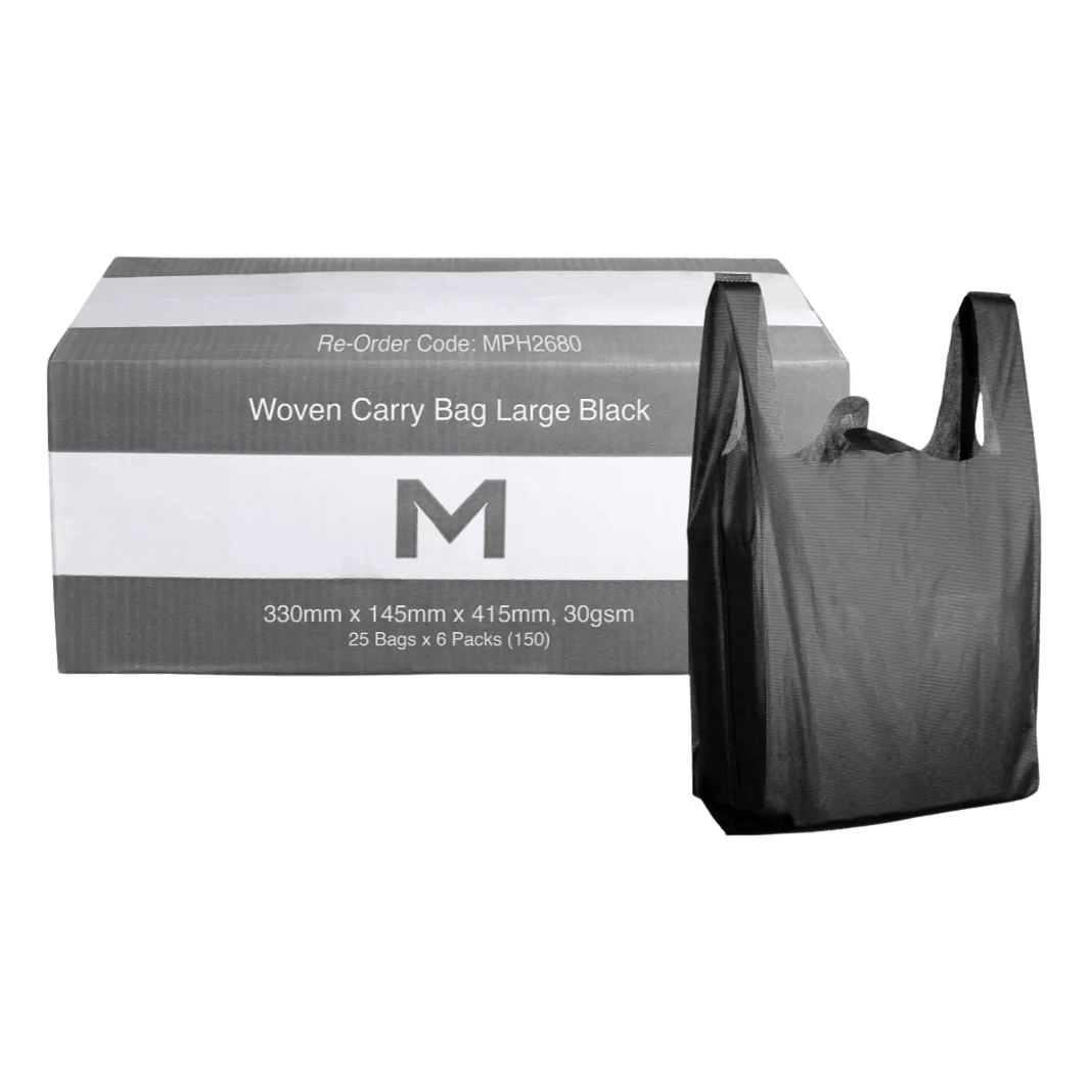 Woven Carry Bag Large - Black, 330mm x 145mm x 415mm, 30gsm (150) - NZ Packaging