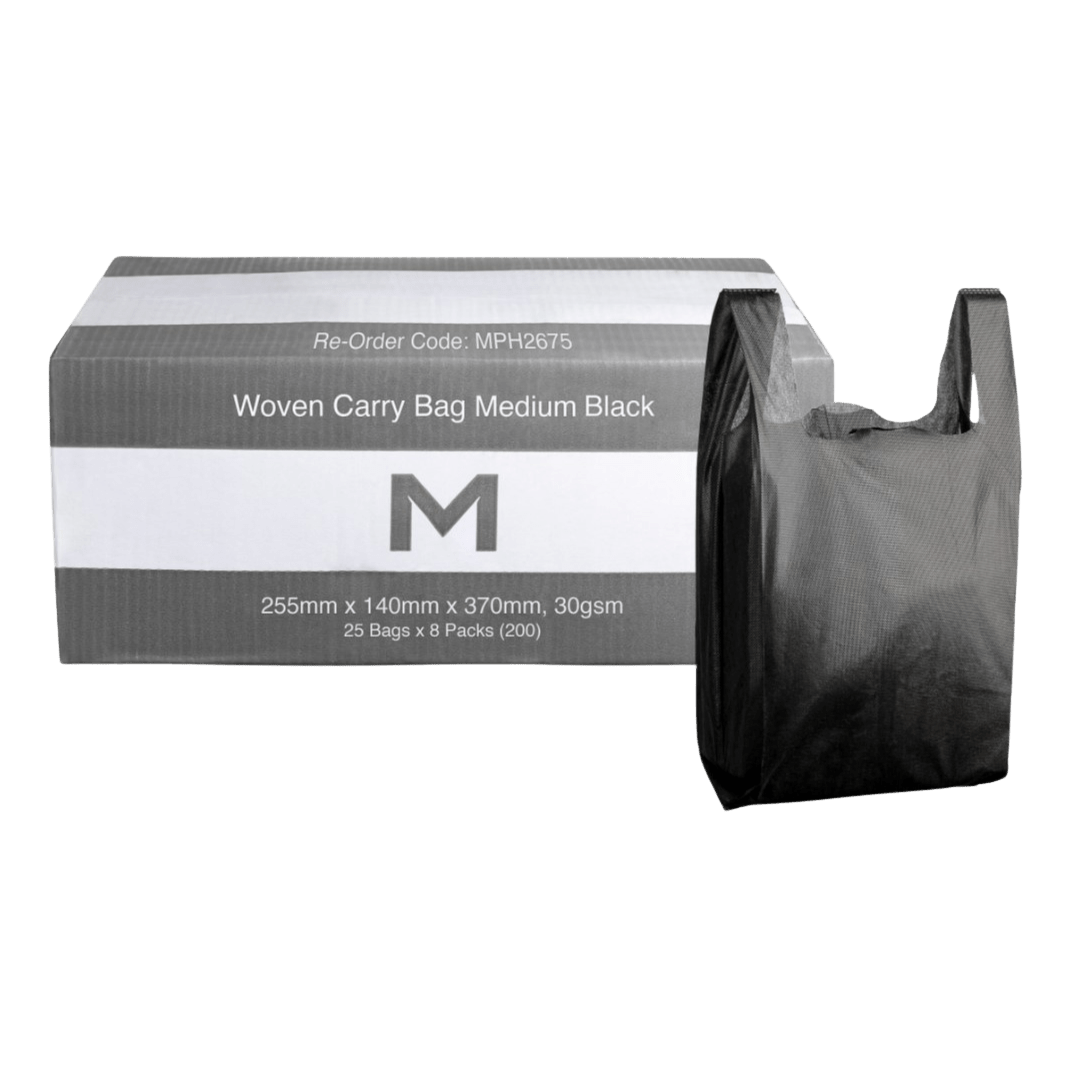 Woven Carry Bag Medium - Black, 255mm x 140mm x 370mm, 30gsm (200) - NZ Packaging