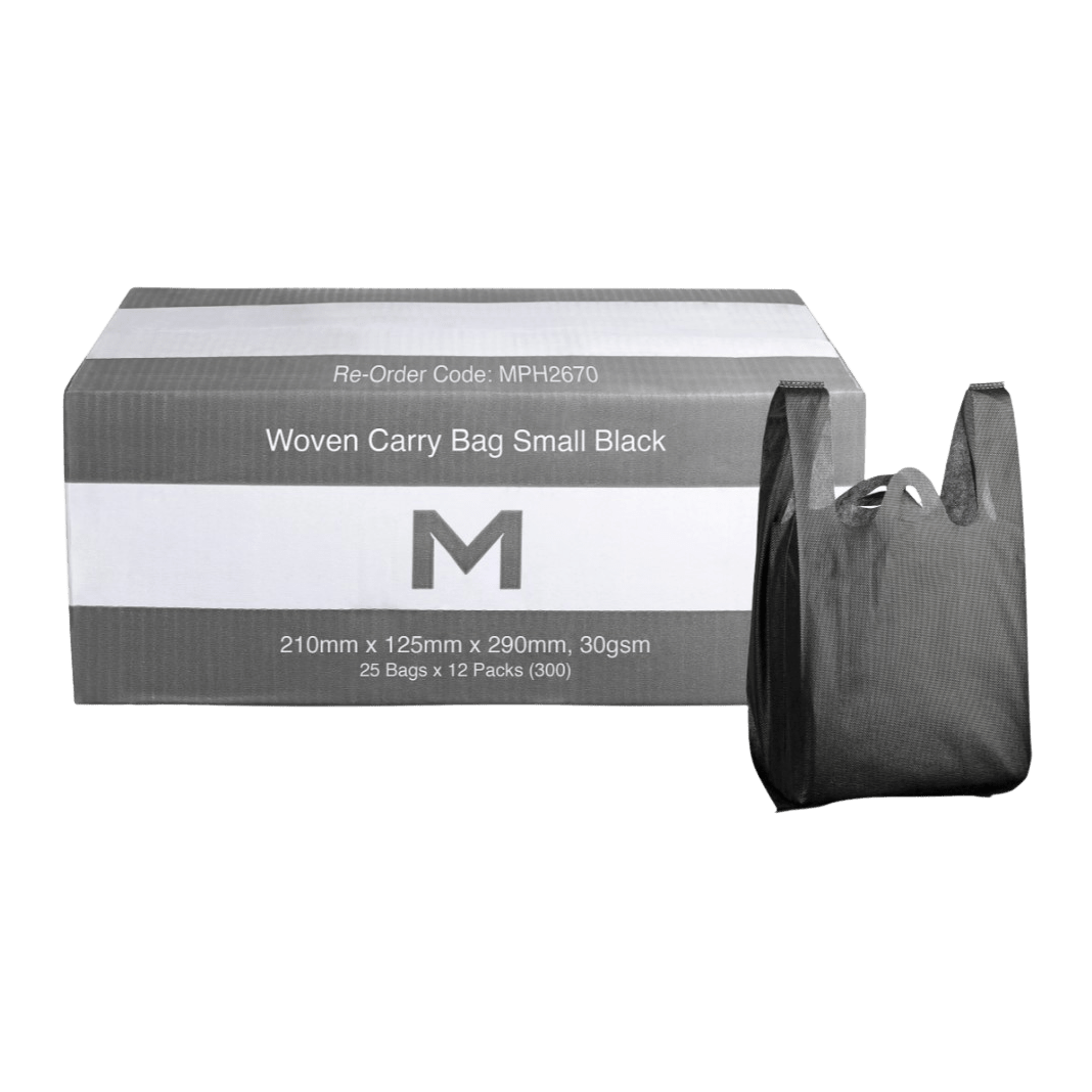 Woven Carry Bag Small - Black, 210mm x 125mm x 290mm, 30gsm (300 Bags) - NZ Packaging