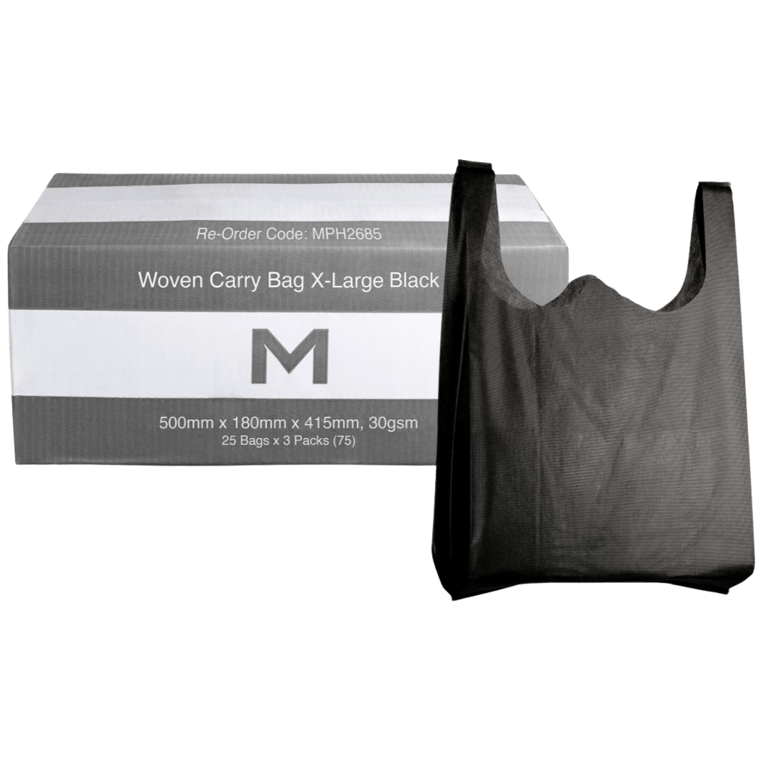 Woven Carry Bag X-Large - Black, 500mm x 180mm x 415mm, 30gsm (75) - NZ Packaging
